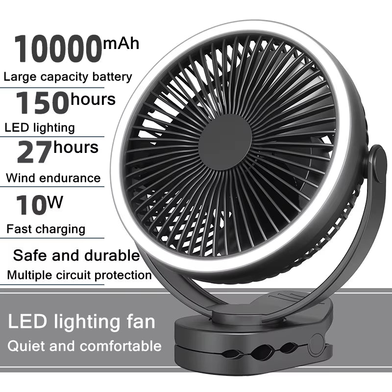 Mini Portable Electric Fan 10000Mah Battery USB Rechargeable Camping Ceiling Clip Fan with LED Table Lamp Air Cooling Ventilador
